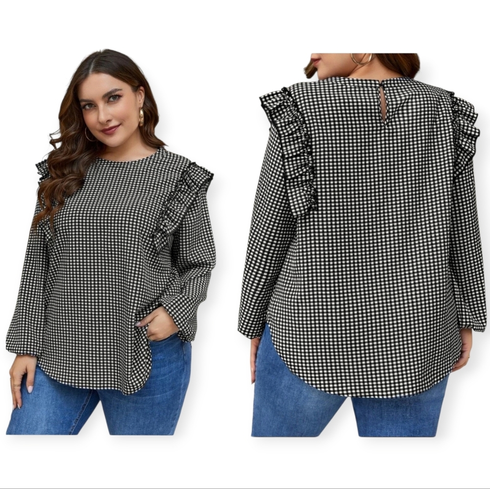 SHEIN Black & White Gingham Check Ruffle Blouse Top